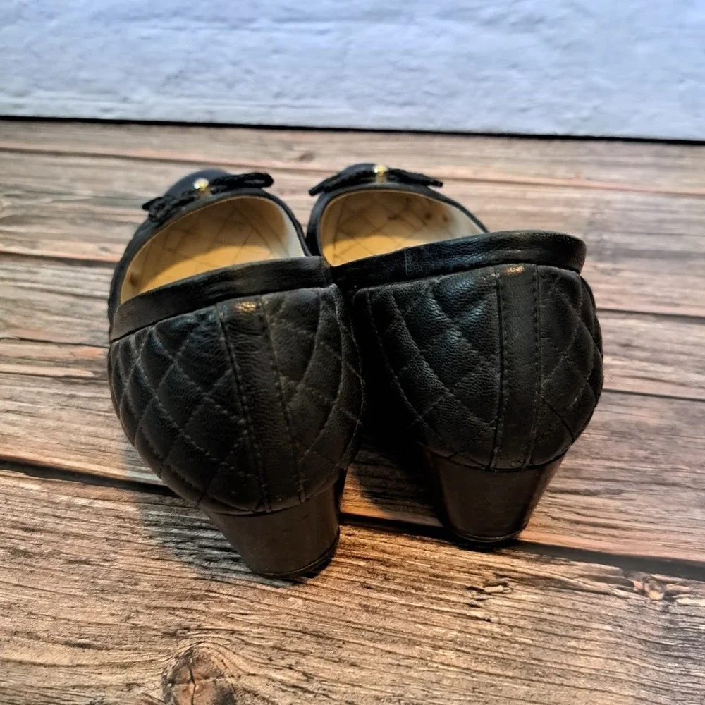 Cole Haan Black Quilted Leather Wedge Heels Braided Bow WOMens 8.5B